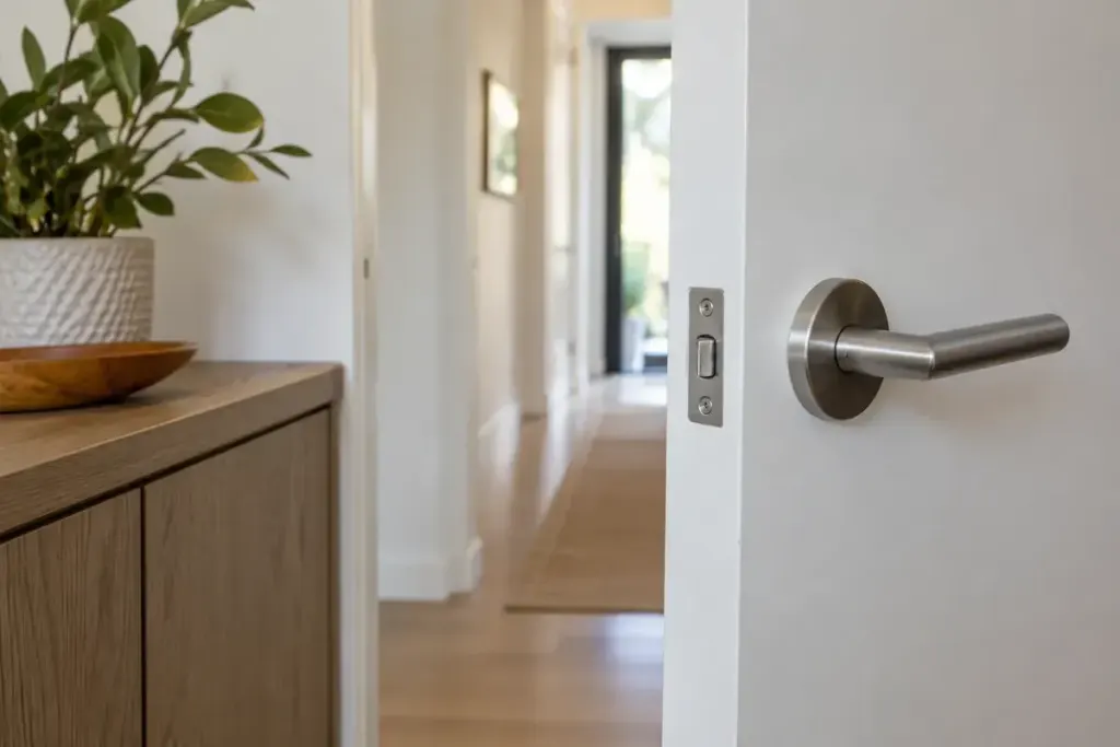 A close view of a simple interior door handle near a cabinet edge in a bright hallway.