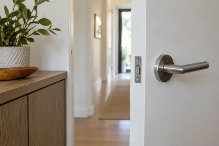 A close view of a simple interior door handle near a cabinet edge in a bright hallway.