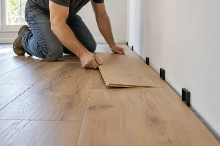 A floating wood effect floor installation with an even perimeter gap and spacers beside a wall.