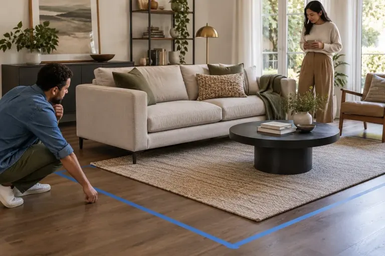 A living room with a neutral rug under front sofa legs and painter tape marking an alternative rug boundary.