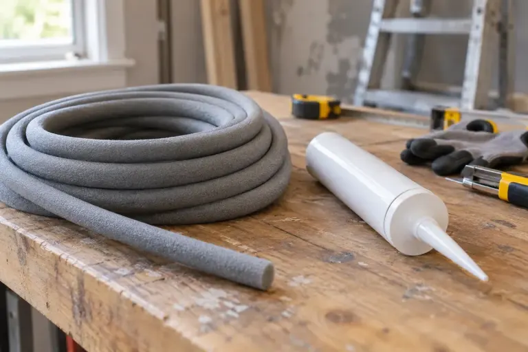 Foam backer rod and unopened sealant cartridge on renovation workbench.