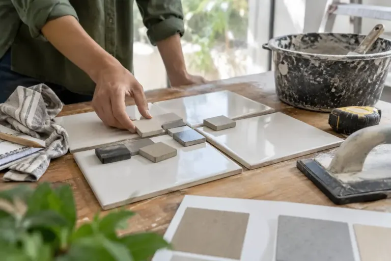Several small grout colour samples placed between ceramic tiles on a renovation worktable.
