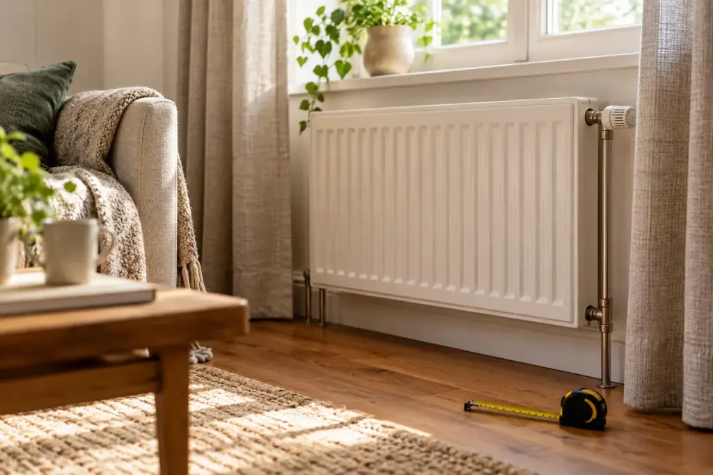 Living room radiator beside curtains and a tape measure.