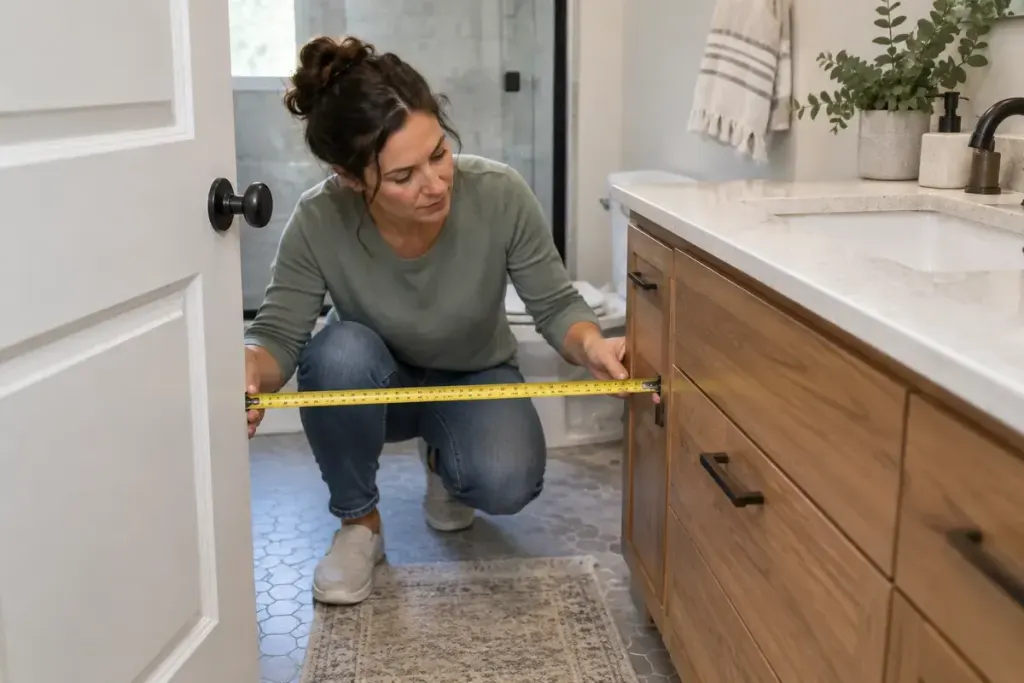A homeowner measuring clearance between an open bathroom door and a vanity cabinet.