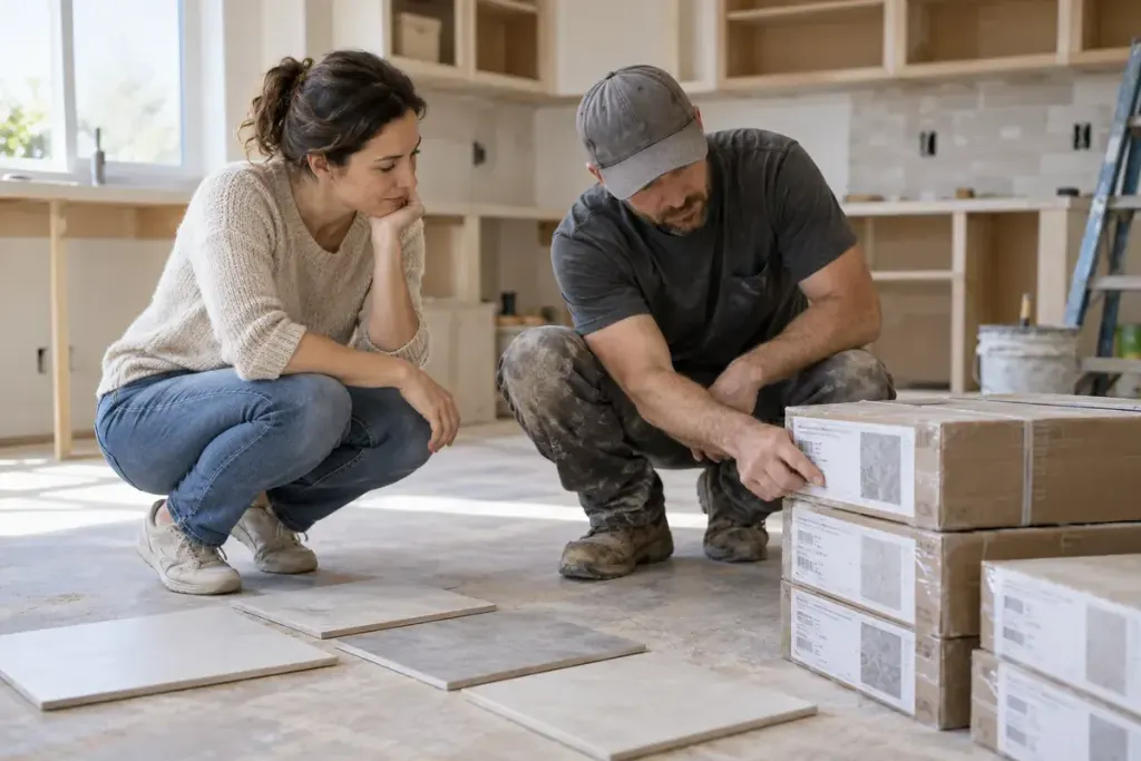 A homeowner and installer comparing tile cartons before installation.