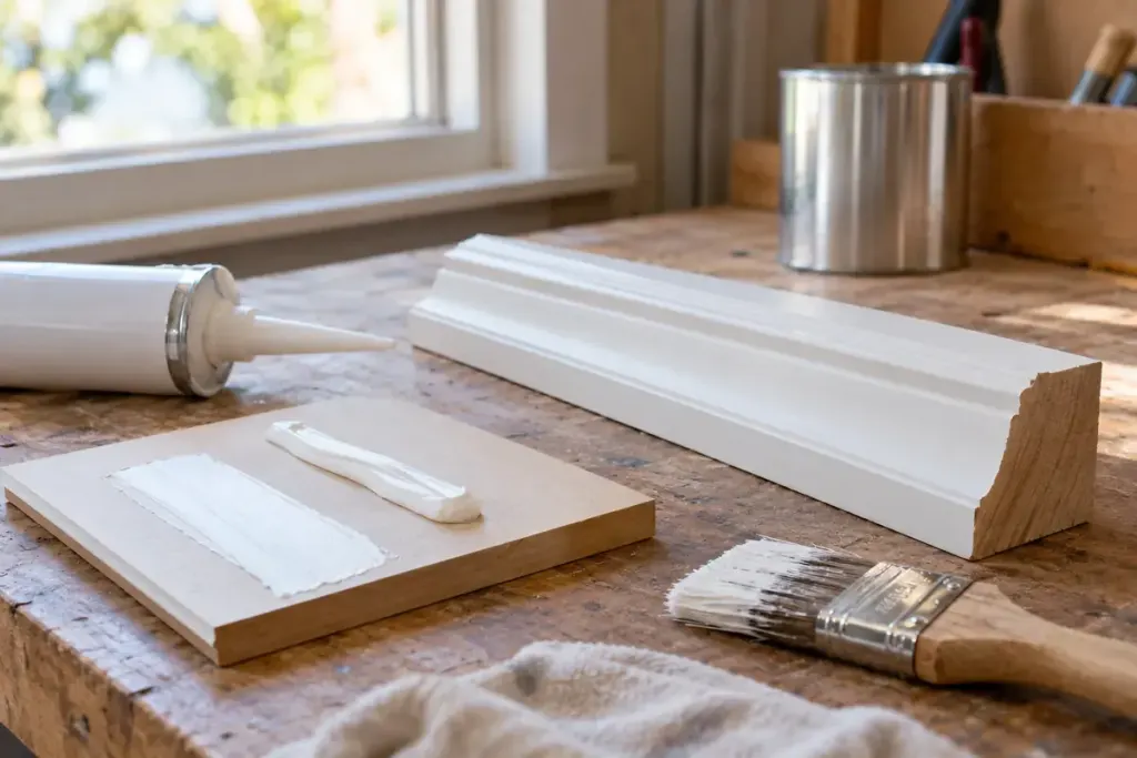 Paintable sealant sample and painted trim on workbench.