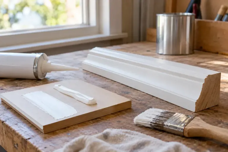 Paintable sealant sample and painted trim on workbench.