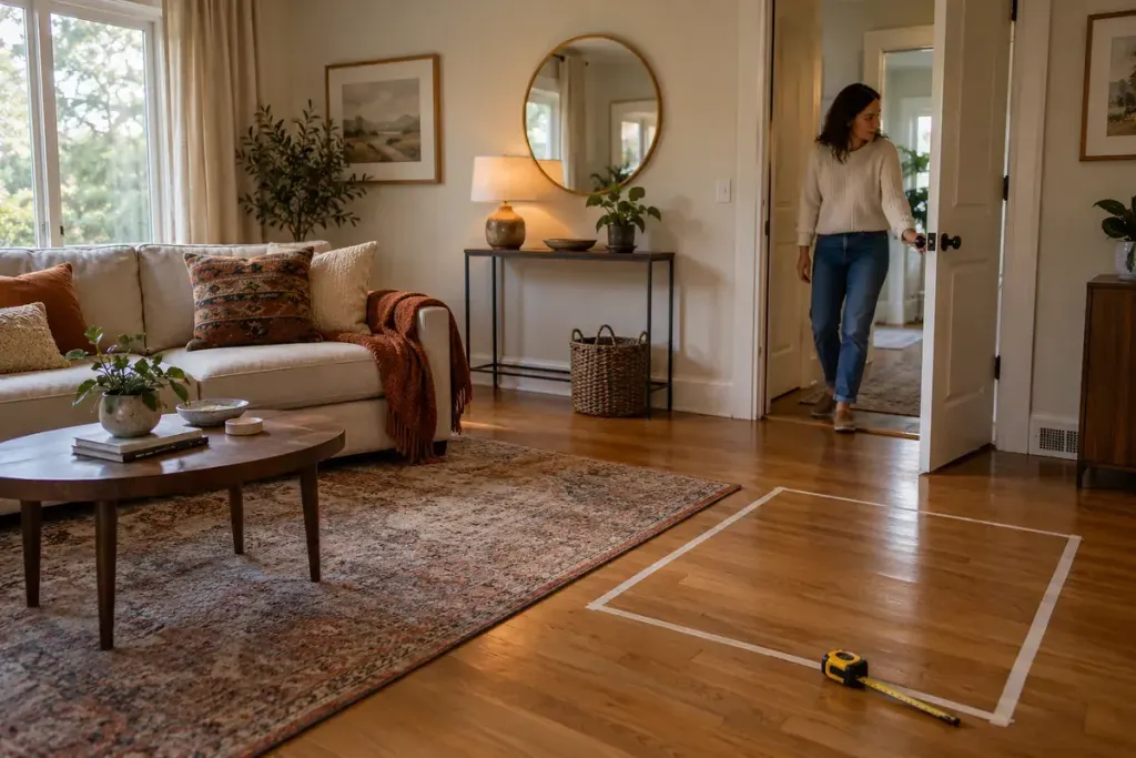A proposed armchair footprint marked on a living-room floor beside an open doorway.
