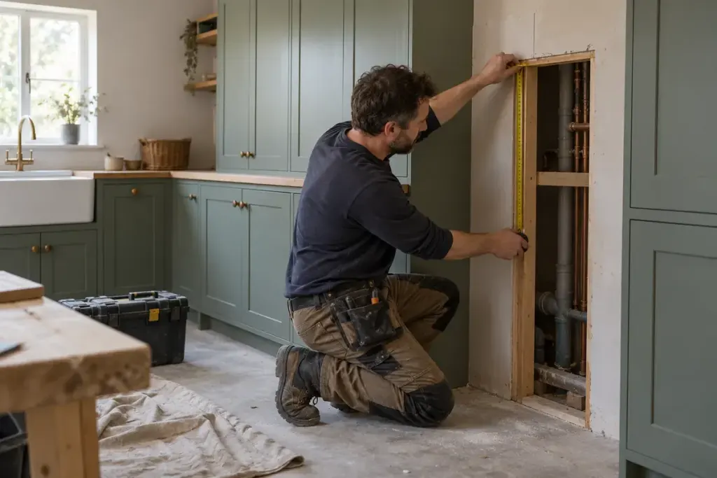 A cabinetmaker measuring a planned access opening beside built-in cupboards in an unfinished utility room.