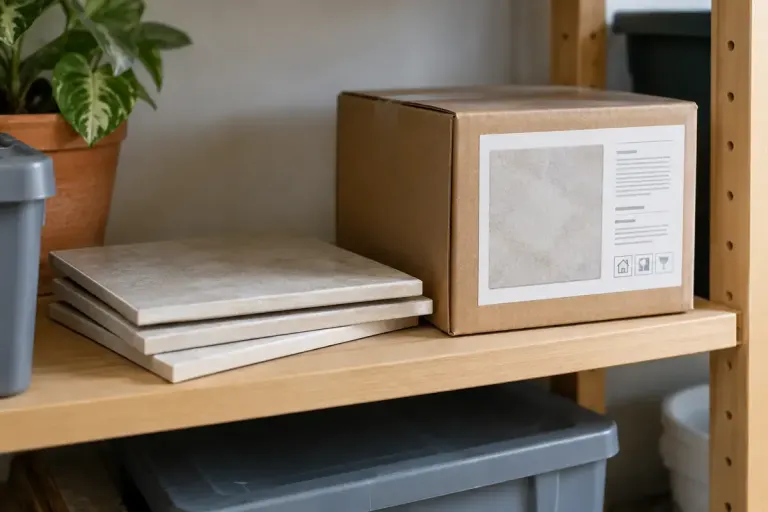 A few spare ceramic tiles and their labelled box stored neatly on a shelf.