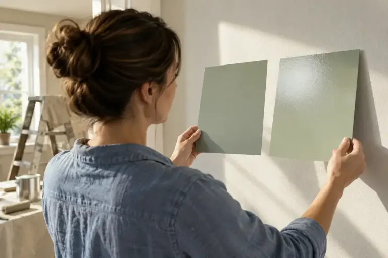 A homeowner comparing matte and satin painted sample boards under side lighting.