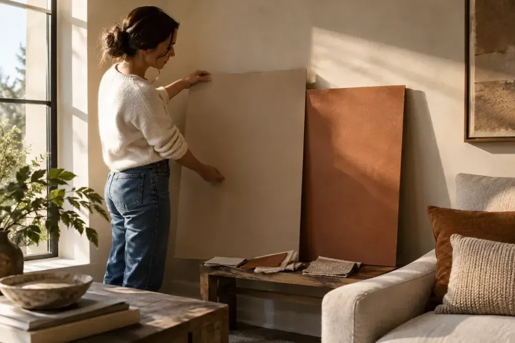 Large sand and copper paint sample boards beside a sunlit living-room window.