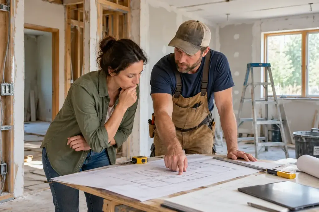 A homeowner and contractor reviewing a renovation sequence in an unfinished room.
