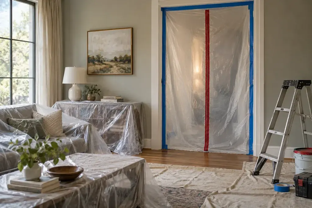 Sealed interior doorway with temporary dust barrier and protected furniture in a home renovation, no active hazardous work.