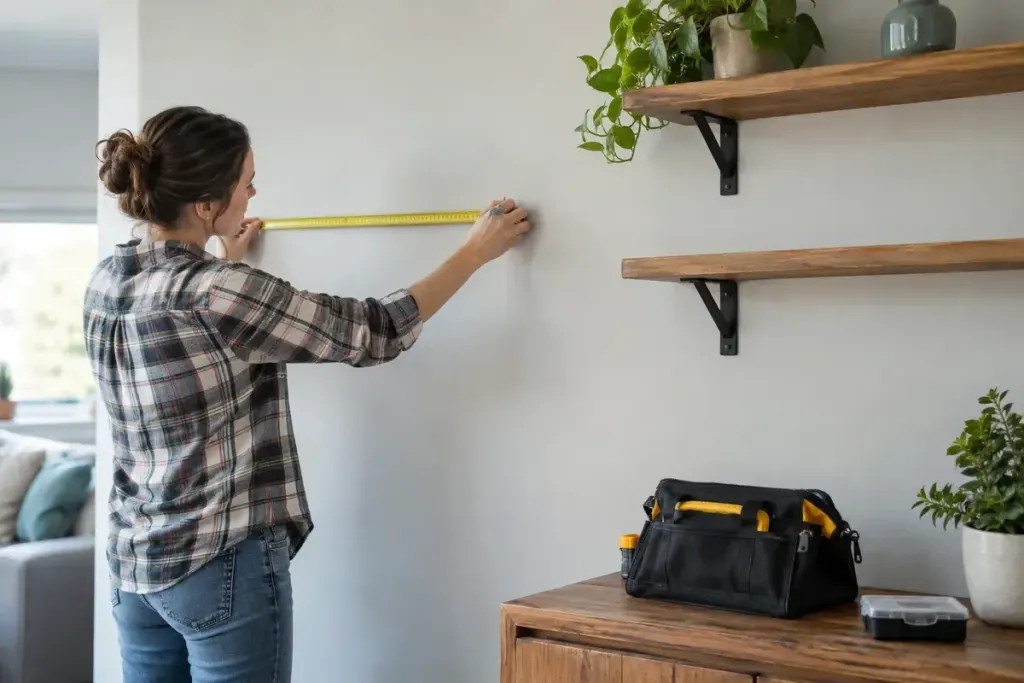 Homeowner measuring an empty wall beside shelf brackets and a closed tool bag, no live drilling.