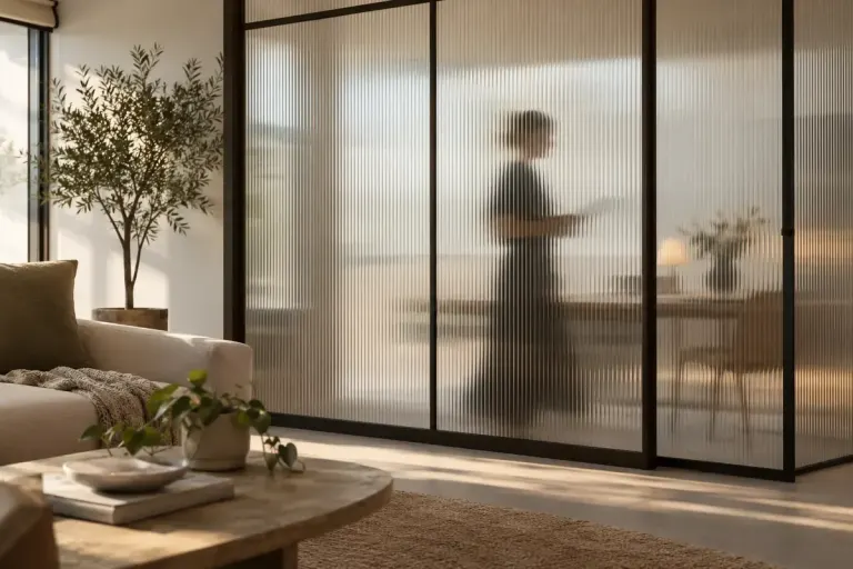 A fluted glass interior partition with an indistinct silhouette behind it and soft daylight.