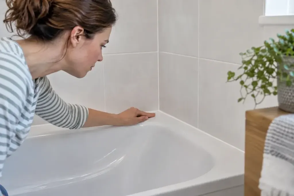 Close-up of a clean tiled bathroom corner showing straight grout lines and a neat flexible sealant joint at the bath edge.