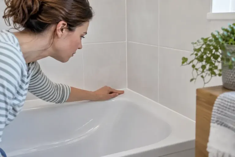 Close-up of a clean tiled bathroom corner showing straight grout lines and a neat flexible sealant joint at the bath edge.