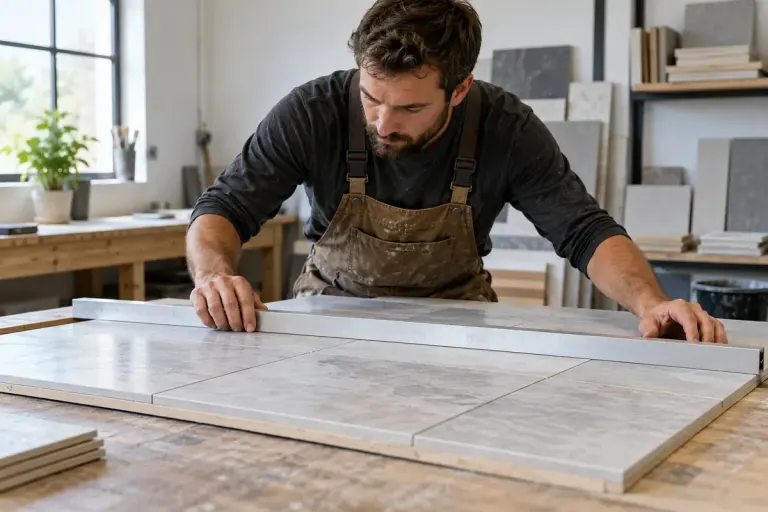 A worker checking tiles on a workbench.
