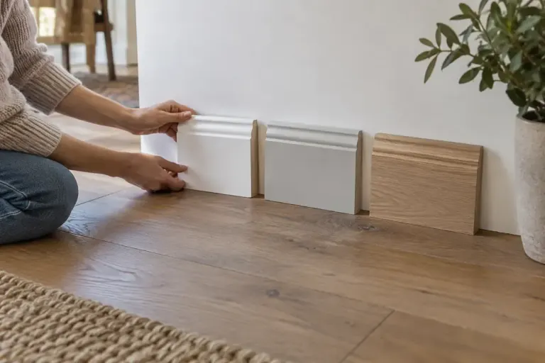 Three skirting board samples held against a wooden floor and painted wall.