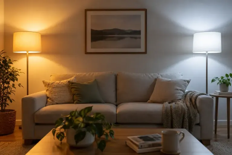 Two plain lamps casting visibly warm and cool white light on a neutral living room wall.