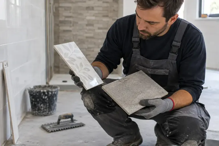 A tiler comparing a thin decorative wall tile and a textured floor tile sample.